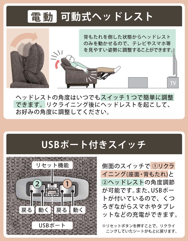 軒先渡し】ワルサー 電動2.5Pソファ モーションソファ 可動式ヘッドレスト USBポート 付 DGY LGY  W179×D95～160×H100～85 筑波産商